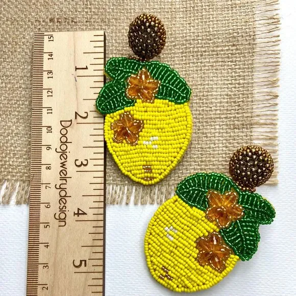 Lemon Beaded Statement Earrings: Handmade Summer Fruit Jewelry - Picture 2 of 10